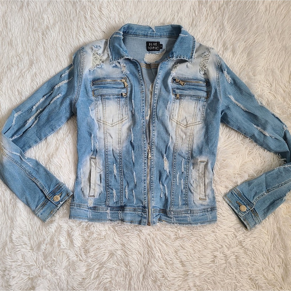Blue Topic Bleach Dyed Distressed Full Zip Denim Jacket Size Medium
